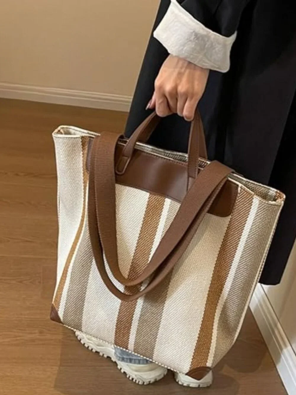 Large Beige Brown Stripe Canvas Tote Laptop Shoulder Bag Faux Leather Handles